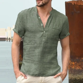 Vara Hot-Vânzare Barbati Casual Camasa Scurt Lenjerie de pat din Bumbac T-shirt Respirabil Tricou 2021 Bărbați Stau Butonul Teuri Hawaii Îmbrăcăminte S-3XL