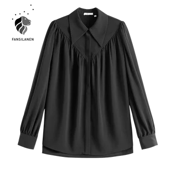 FANSILANEN Sifon Guler Polo Shirt Femei Nou de Primăvară anul 2021 franceză Retro Negru Galben Top Office pentru Femei Camasa Dropshipping