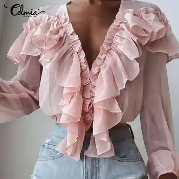 Celmia Moda Femei Bluza 2021 Toamna Bluze Cu Maneca Lunga Volane Tricou V-Neck Adânc Sexy Elegant De Birou De Partid Blusas Feminina