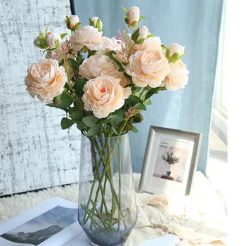 Singur Trandafir Europene Miez 3 Capete Bujor Flori Artificiale DIY Camera de zi Acasă de Înaltă Calitate Florale de Nunta de Decorare Q16