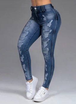 Blugi pentru Femei de Înaltă Talie Pantaloni Streetwear Casual de Vara Sexy Femeie Spălate Denim Skinny Jean Pantaloni
