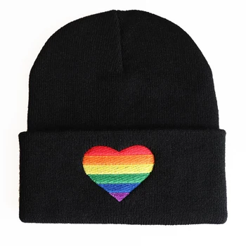 Moda Rainbow Dragoste Inima Broderie Tricotate Pălării, Căciuli, Pălării Pentru Bărbați, Femei Iarna Cald Tricot Negru Capac Chelioși Cadou De Crăciun