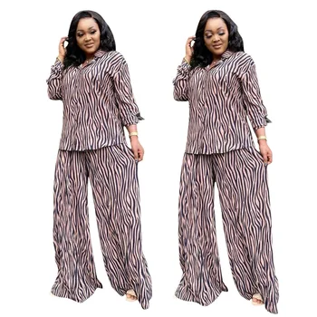 R Moda de sex Feminin cu Dungi Două Bucata Set pentru Femei cu Maneca Lunga, Paltoane+Picior Pantaloni Largi Doamna Camasa Casual Pijamale Costum 2021 mai Noi