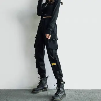 Femei Pantaloni de Marfă Panglică Neagră Pocket Jogger Elastic Talie Înaltă Streetwear Harajuku Pantaloni Punk Femei Pantaloni Pantaloni Harem