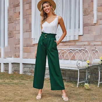 2021 Primăvară Doamnelor Pantaloni Culoare Solidă Talie Mare Retro Curea Buzunar Casual Pantaloni Largi Picior Elegant Femei Vrac Direct Pantaloni Verde