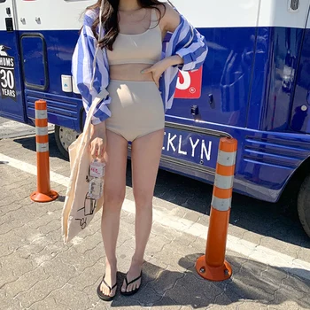 Coreeană Femei Tankini de costume de Baie Bikini Set Set cu pălărie fată drăguță este Topită Adolescente Sus Căptușit Talie Mare de Jos Costume de baie Badpak