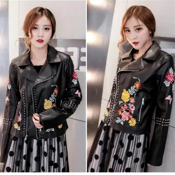 2019 Primăvară Paltoane și Jachete de Moda pentru Femei Slim Broderie Sacou Bombardier Motocicleta PU Jacket