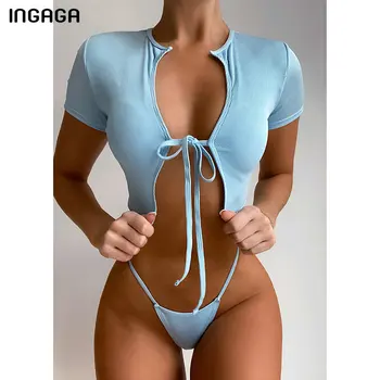INGAGA Sexy Costume de baie cu dungi pentru Femei costum de Baie cu Maneci Scurte Bikini Micro Tanga Costum de Baie de Vară 2021 Funda pe Piept Biquini