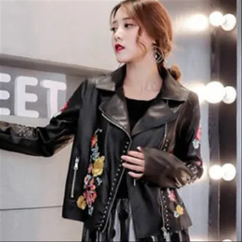 2019 Primăvară Paltoane și Jachete de Moda pentru Femei Slim Broderie Sacou Bombardier Motocicleta PU Jacket