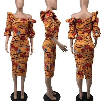 Fierbinte de Vânzare Femeile Ciuperci Imprimare Slash Gât Genunchi-lungime Rochie 2021 Primăvară Doamna Jumătate Maneca rochie Bodycon Genunchi lungime Rochii