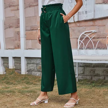 2021 Primăvară Doamnelor Pantaloni Culoare Solidă Talie Mare Retro Curea Buzunar Casual Pantaloni Largi Picior Elegant Femei Vrac Direct Pantaloni Verde