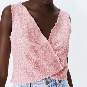 Za Femei 2021 Dulce Moda Trunchiate Roz Bluze Vintage Backless Tricouri Femei V-gât Scurt Vesta Chic Topuri