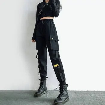 Femei Pantaloni de Marfă Panglică Neagră Pocket Jogger Elastic Talie Înaltă Streetwear Harajuku Pantaloni Punk Femei Pantaloni Pantaloni Harem