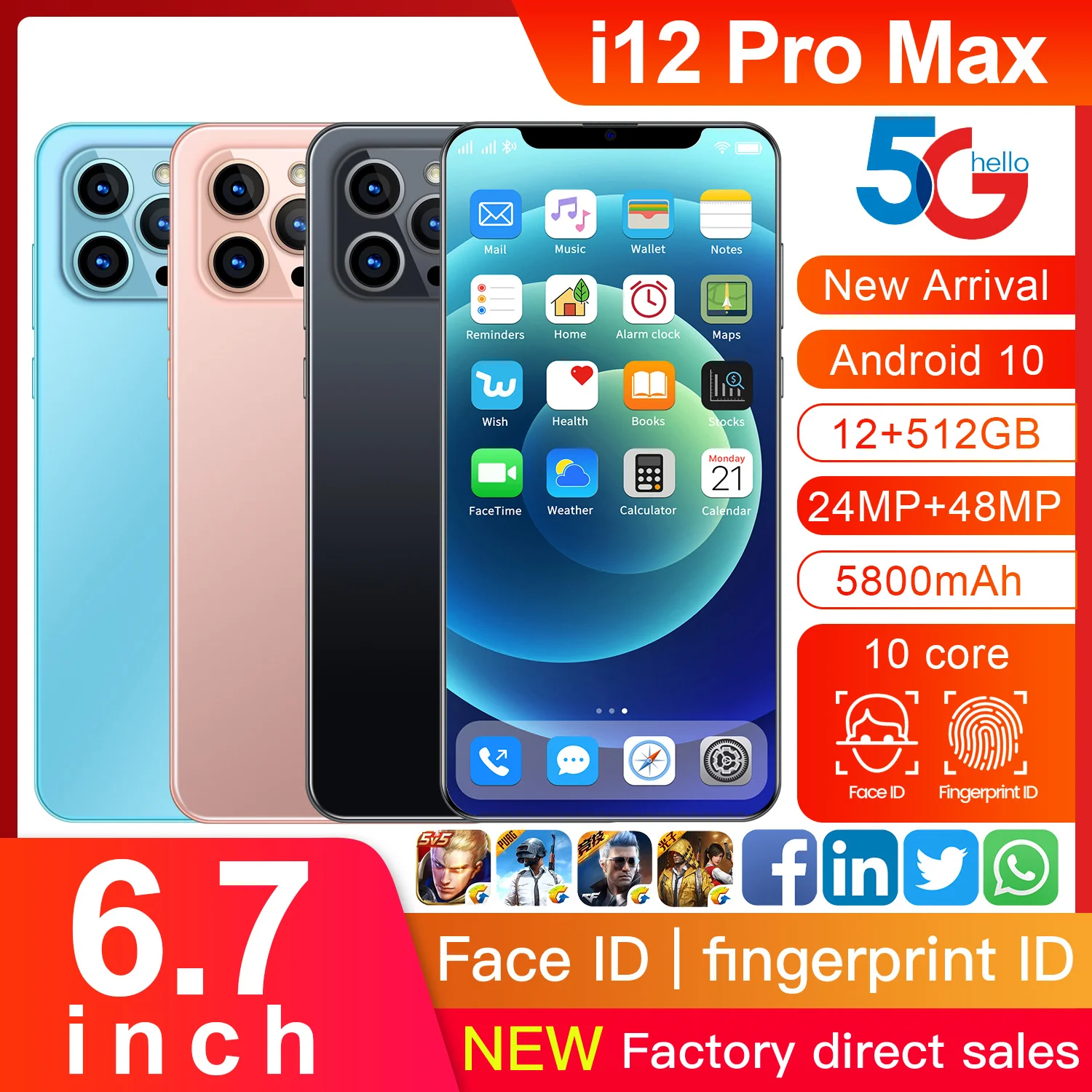 I12 Pro Max 5g Smartphone-uri 12gb+512gb 6.7 Inch Telefoane Mobile 21mp